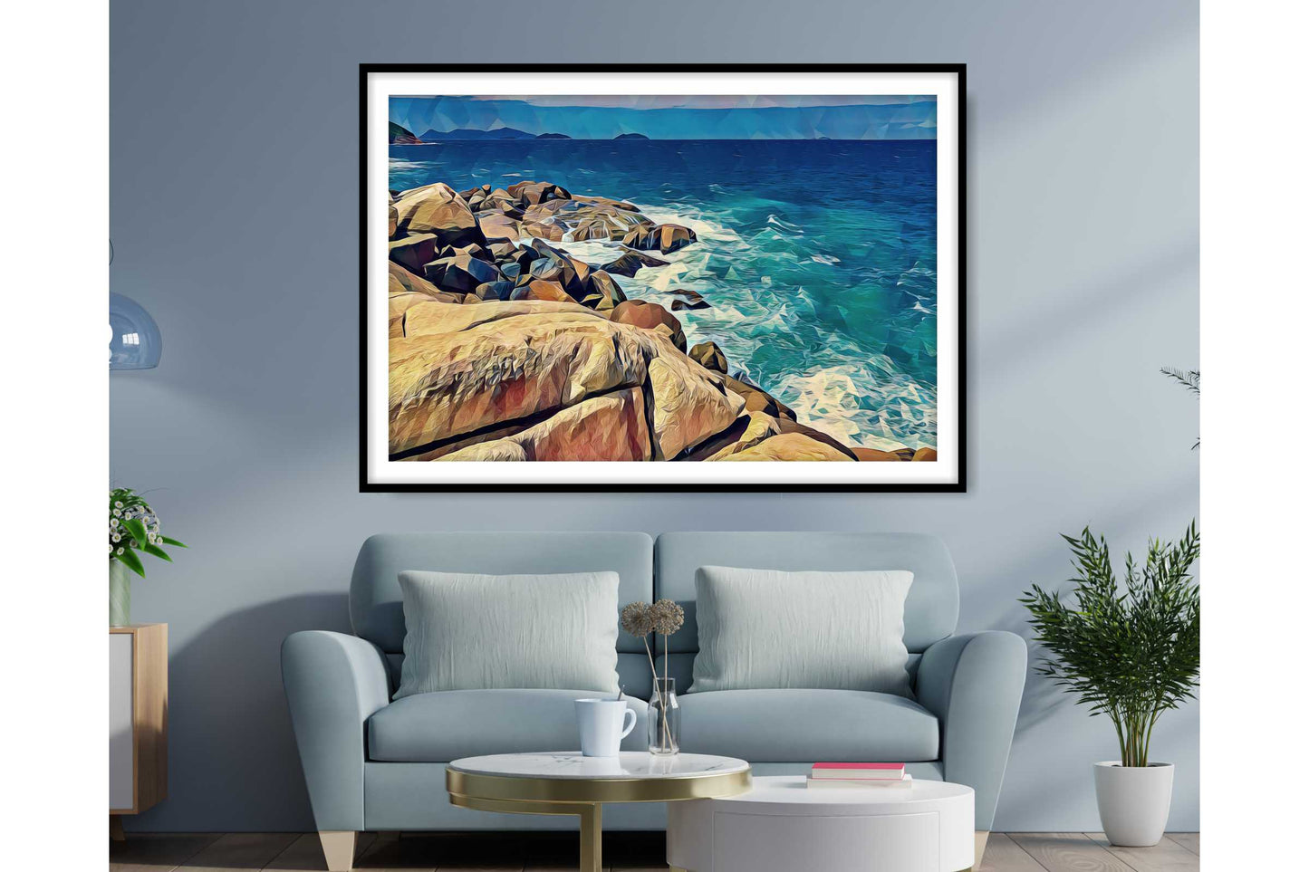 Beach Ocean Wall Art. Beach Prints. Artistic Watercolour Rocky shore. Ocean Prints. Size A4. #0065