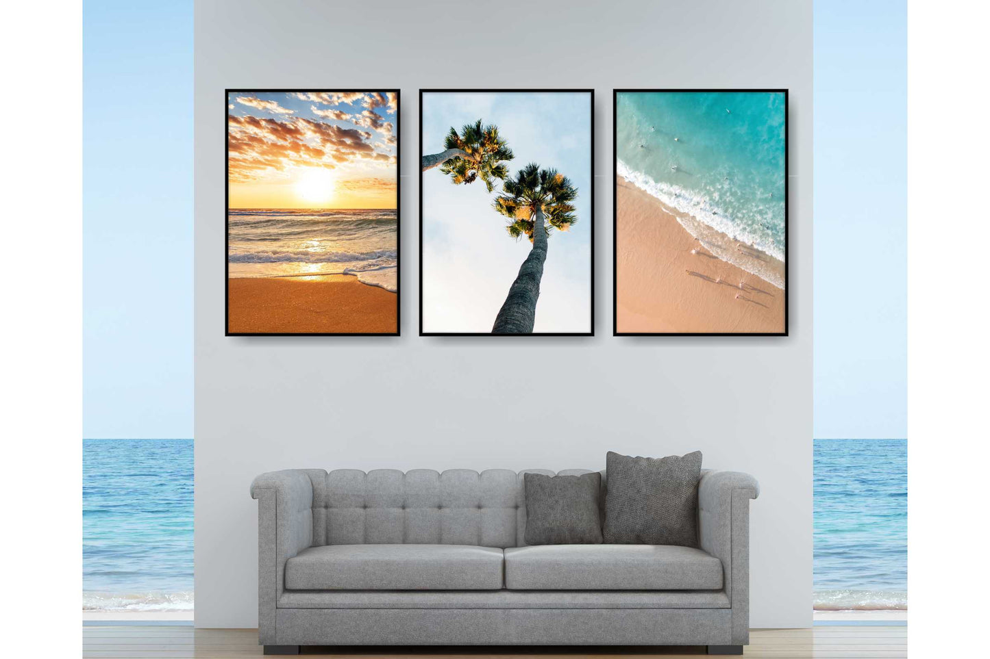 Set of 3 prints. Beach Ocean Wall Art. Beach with palm tree. Size A4. #0249