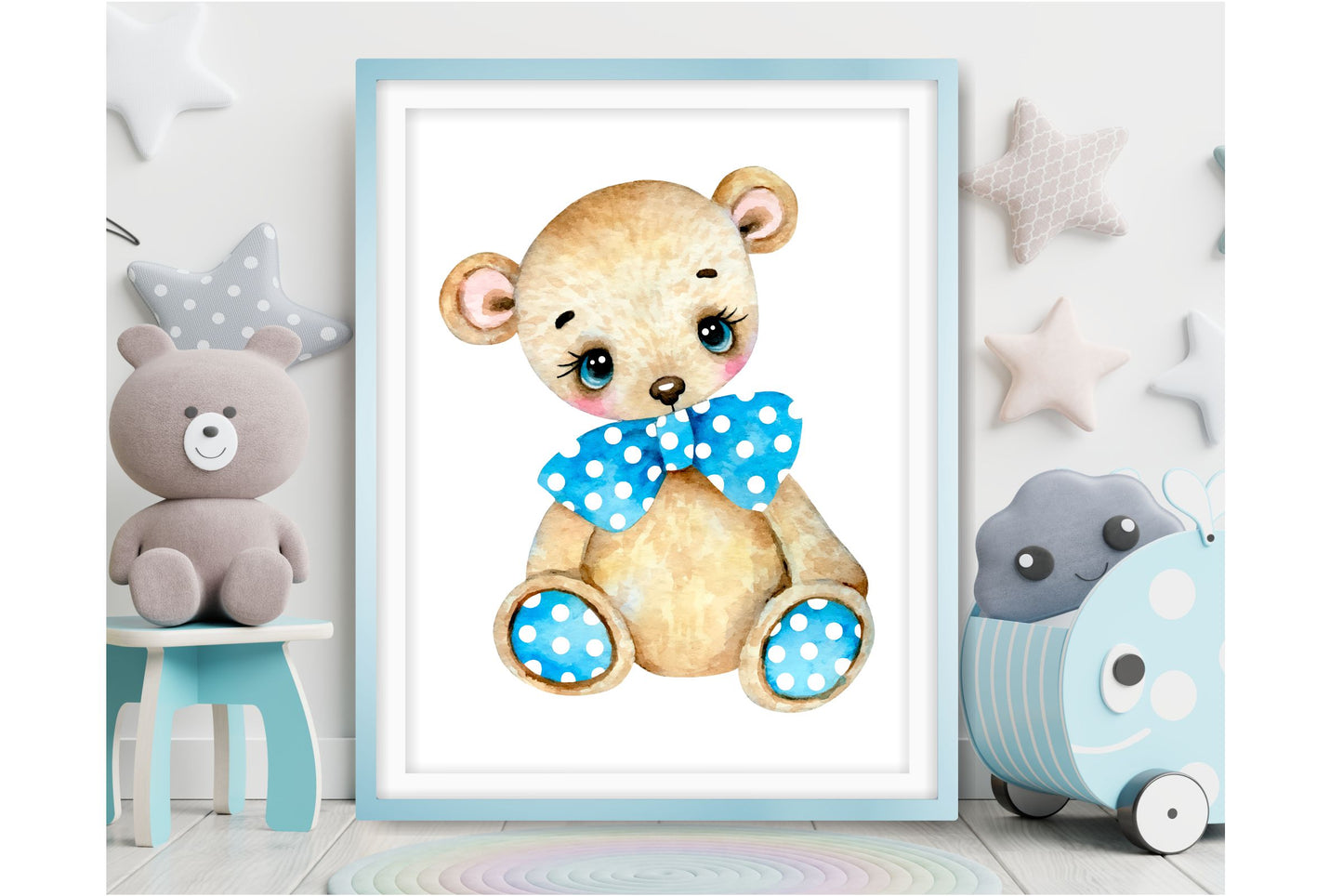 Wall Art Print for Boys Room. Cartoon Teddy Bear with oversized Bow Tie.