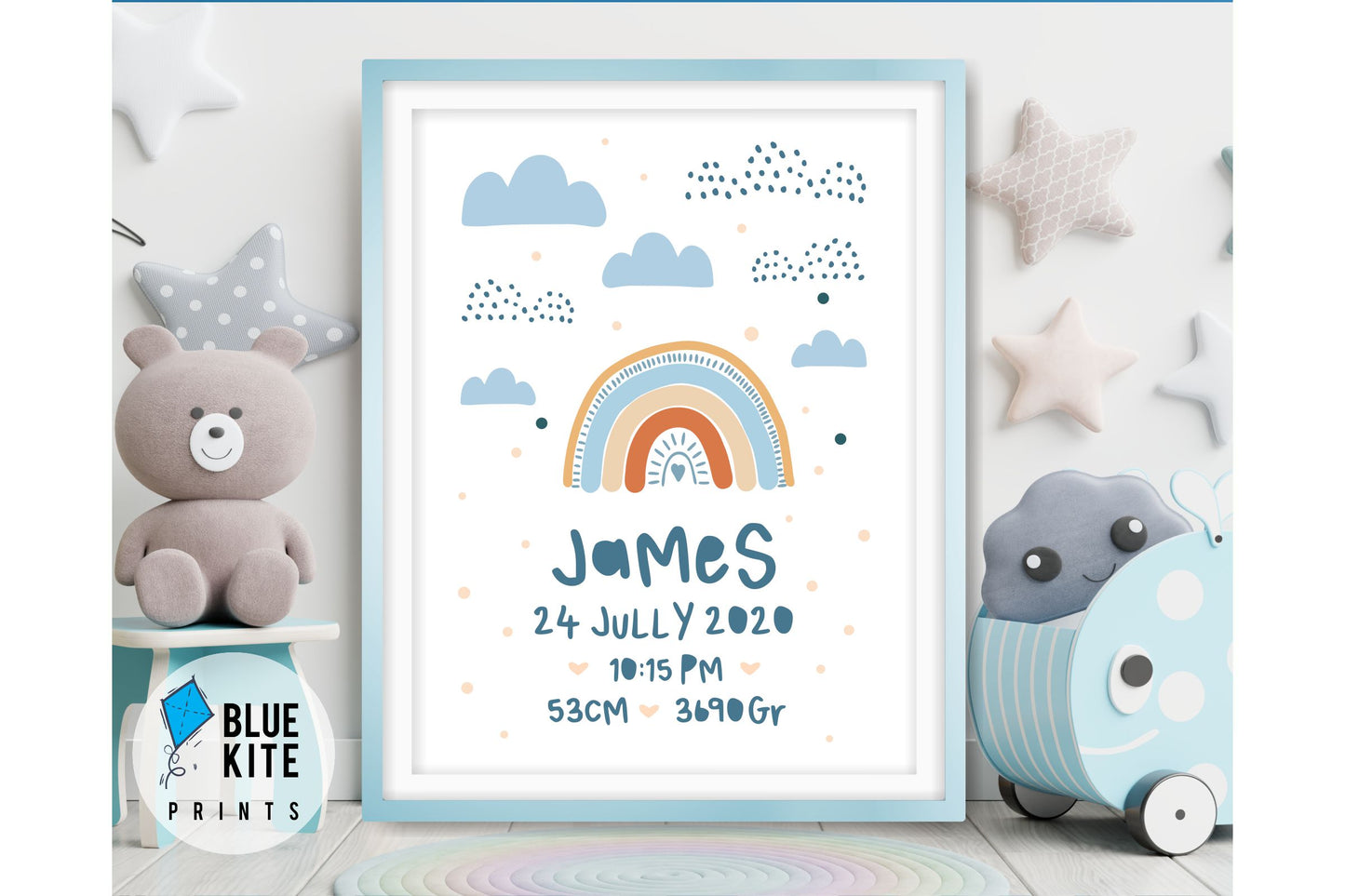 Wall Art Print for Boys Room. Personalized with rainbow.