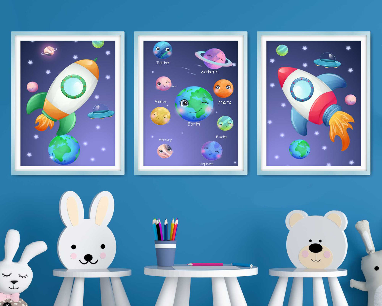 Wall Art Prints For Boys Room. Colourfull rockets in space.