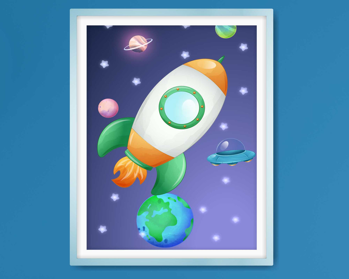 Wall Art Prints For Boys Room. Colourfull rockets in space.
