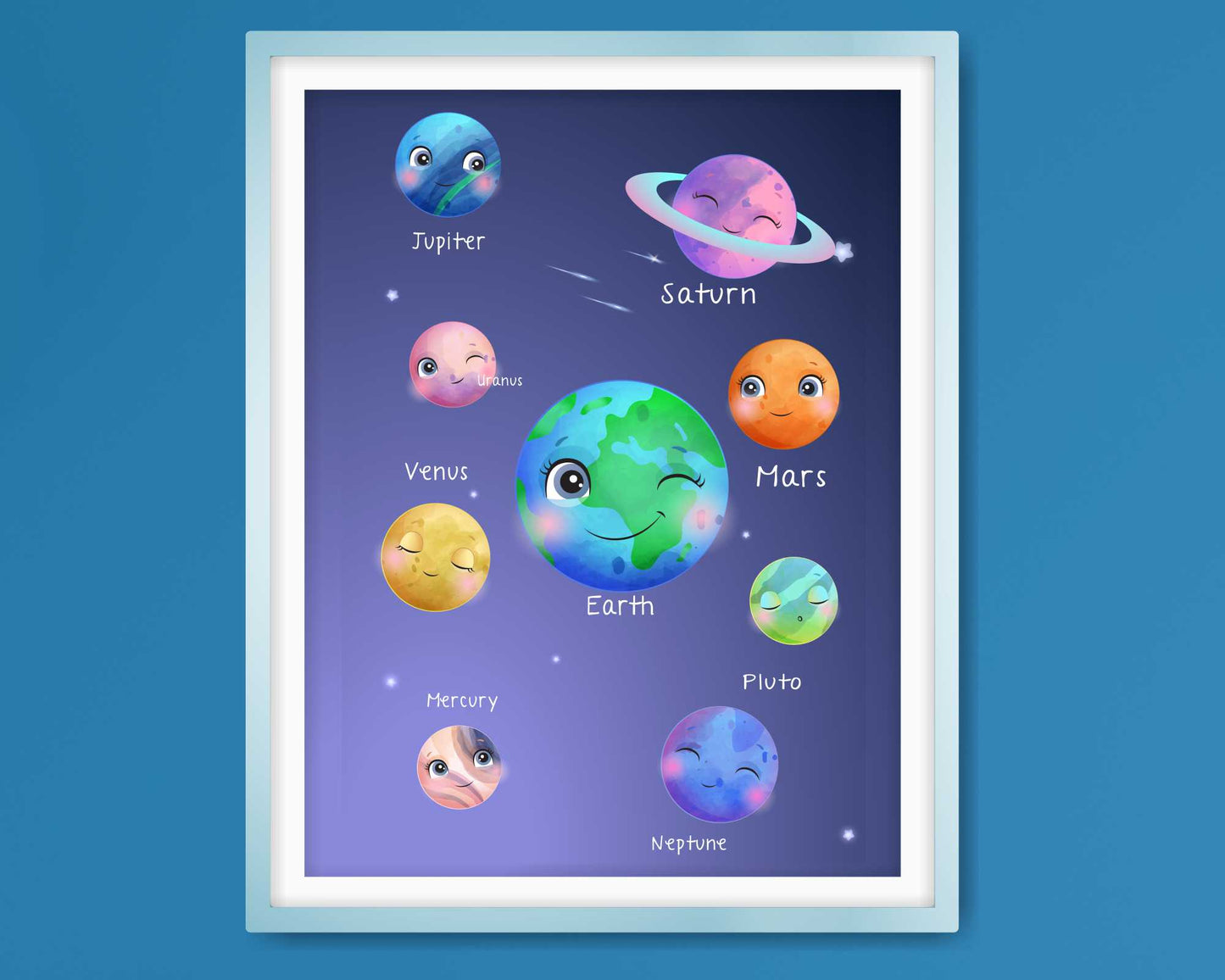 Wall Art Prints For Boys Room. Colourfull cartoo Solar system.