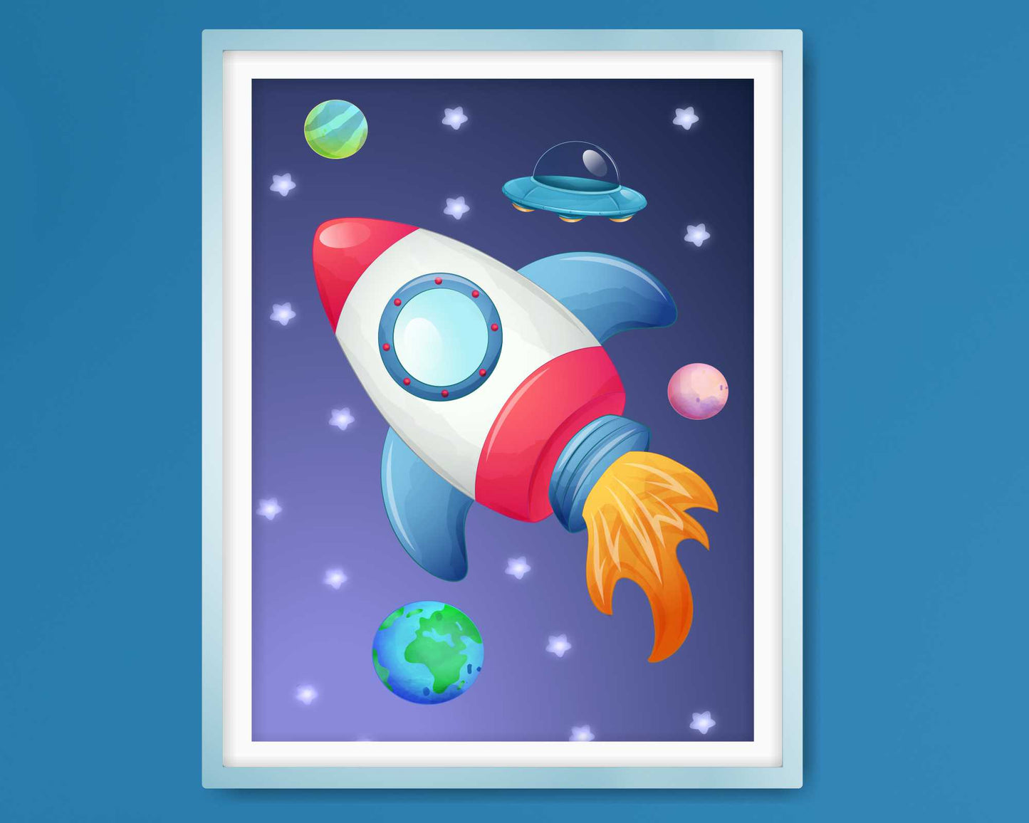 Wall Art Prints For Boys Room. Colourfull rockets in space.
