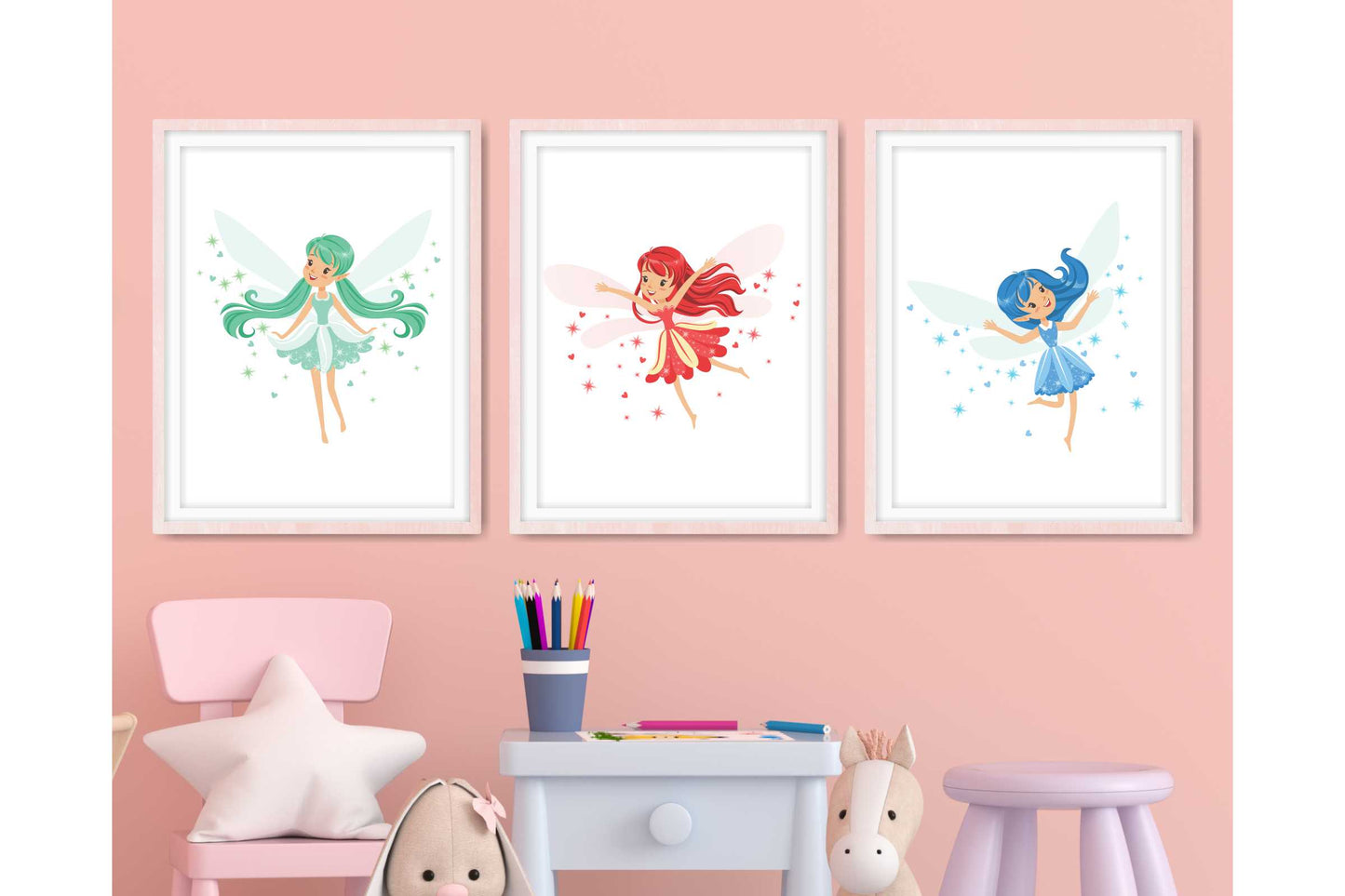 Wall Art Prints for Girls Room. Colourfull Fairy Drawings.
