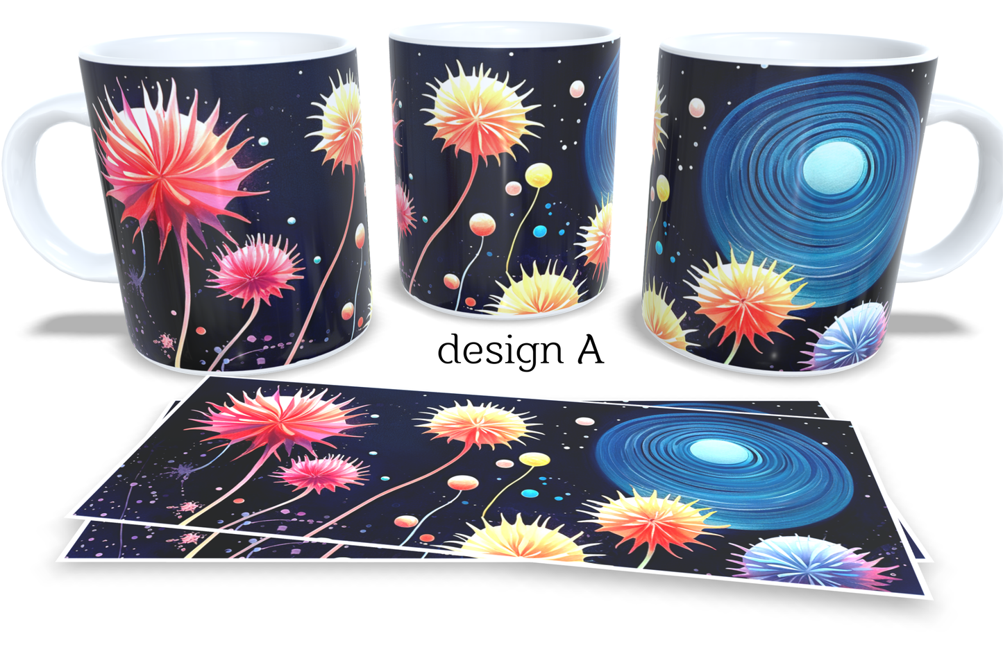 Colourfull Coffee and Tea Mug. Coffee Cup. Tea Mug. Night sky with abstract dandelions. Full colour sublimated #213