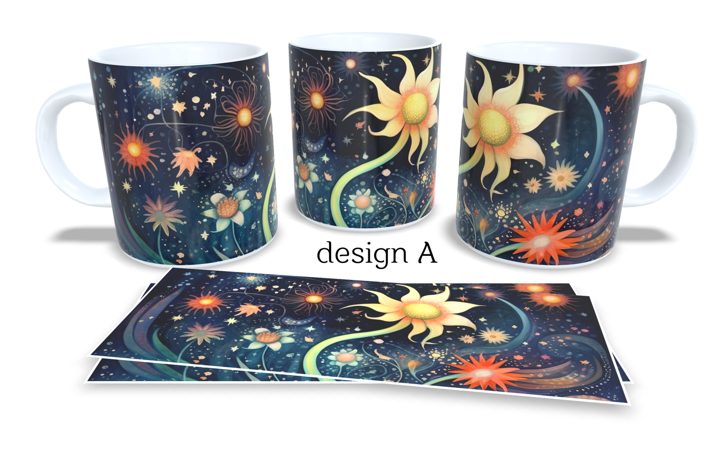 6Colourfull Coffee and Tea Mug. Coffee Cup. Tea Mug. Abstract coloured floral design and night sky. Full colour sublimated #126