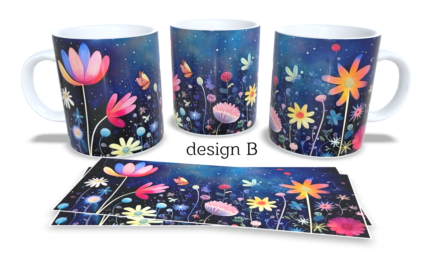 6Colourfull Coffee and Tea Mug. Coffee Cup. Tea Mug. Abstract coloured floral design and night sky. Full colour sublimated #126
