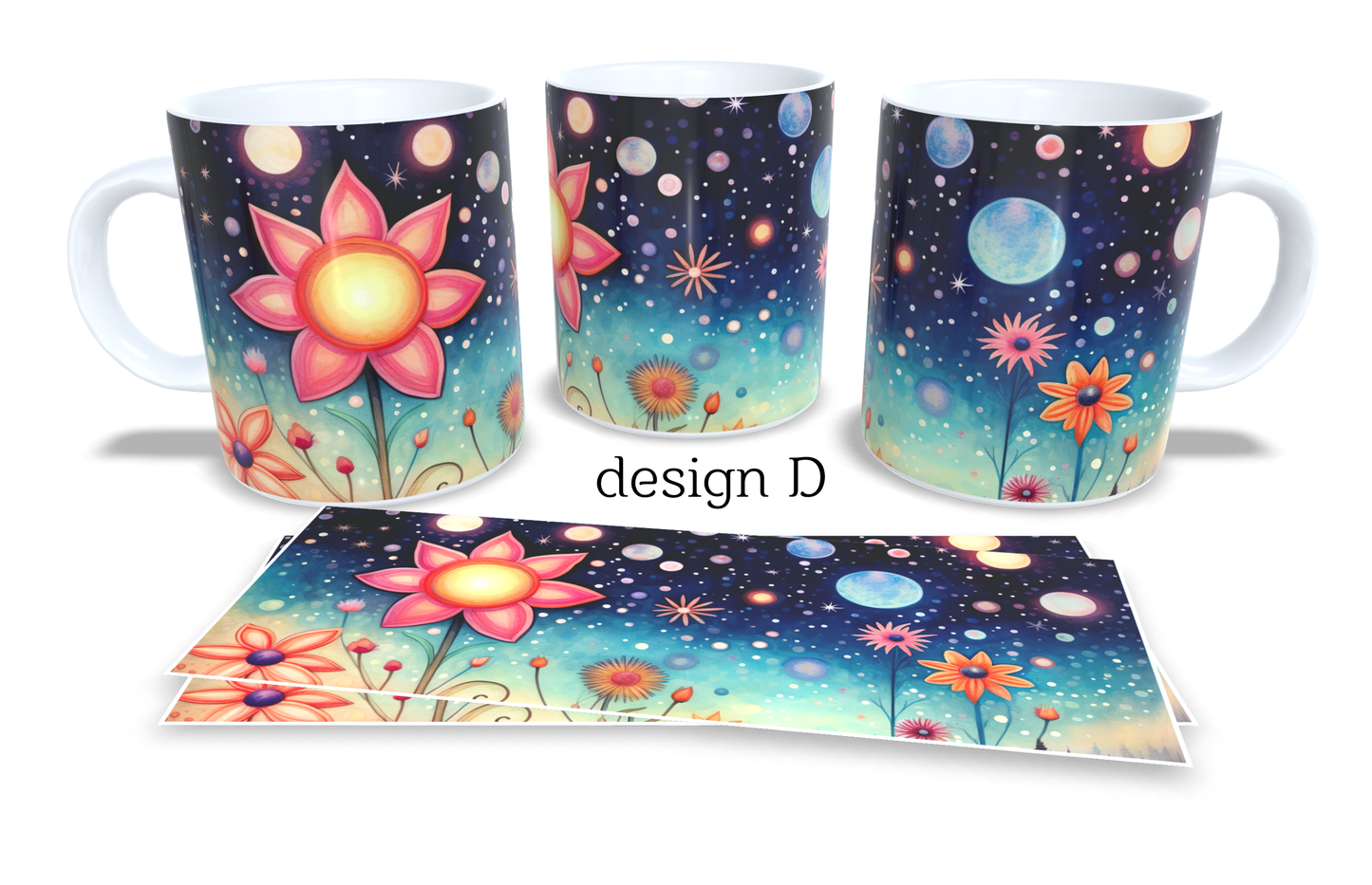 6Colourfull Coffee and Tea Mug. Coffee Cup. Tea Mug. Abstract coloured floral design and night sky. Full colour sublimated #126