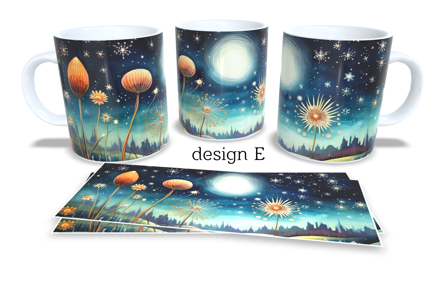 6Colourfull Coffee and Tea Mug. Coffee Cup. Tea Mug. Abstract coloured floral design and night sky. Full colour sublimated #126
