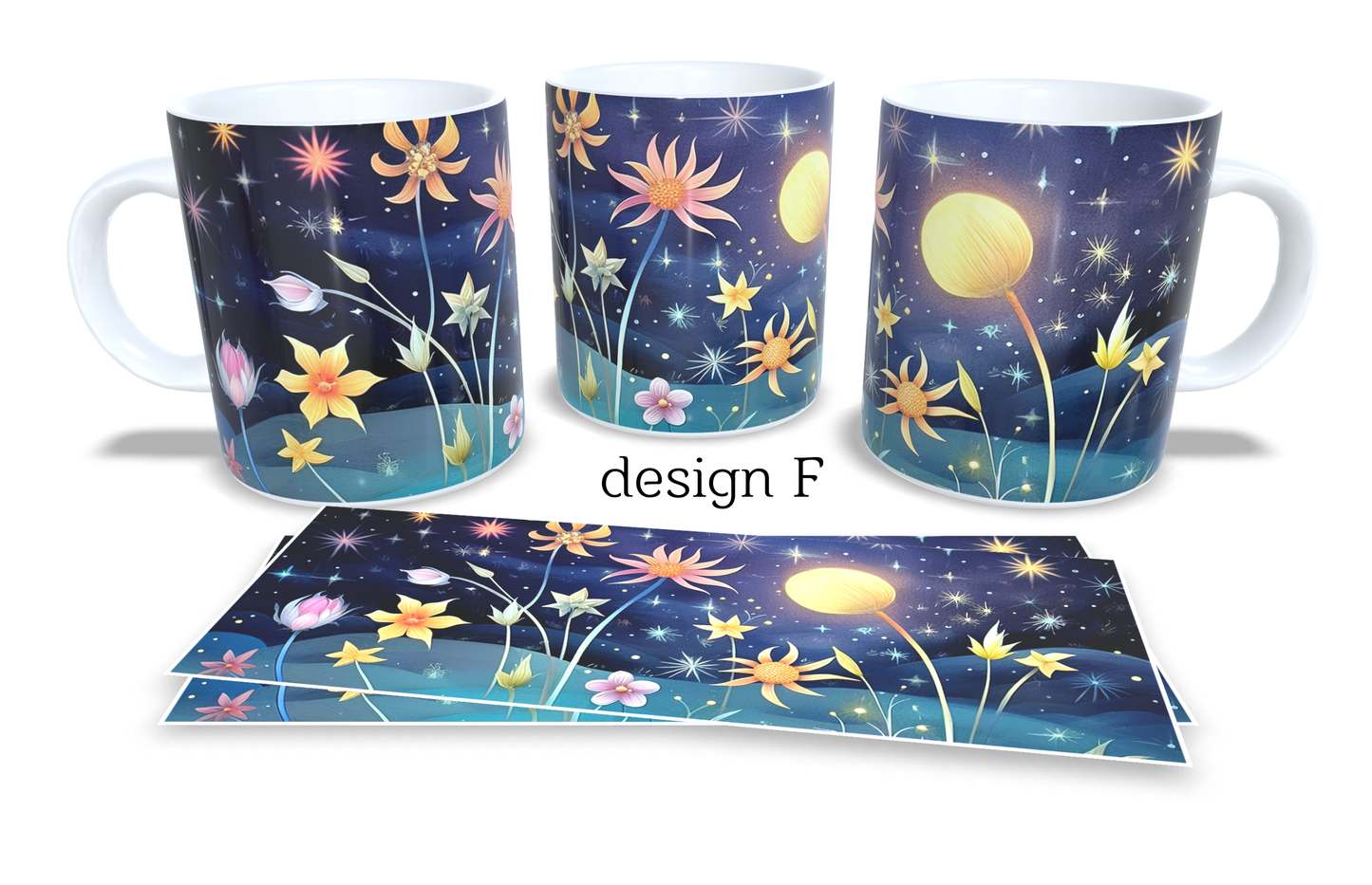 6Colourfull Coffee and Tea Mug. Coffee Cup. Tea Mug. Abstract coloured floral design and night sky. Full colour sublimated #126