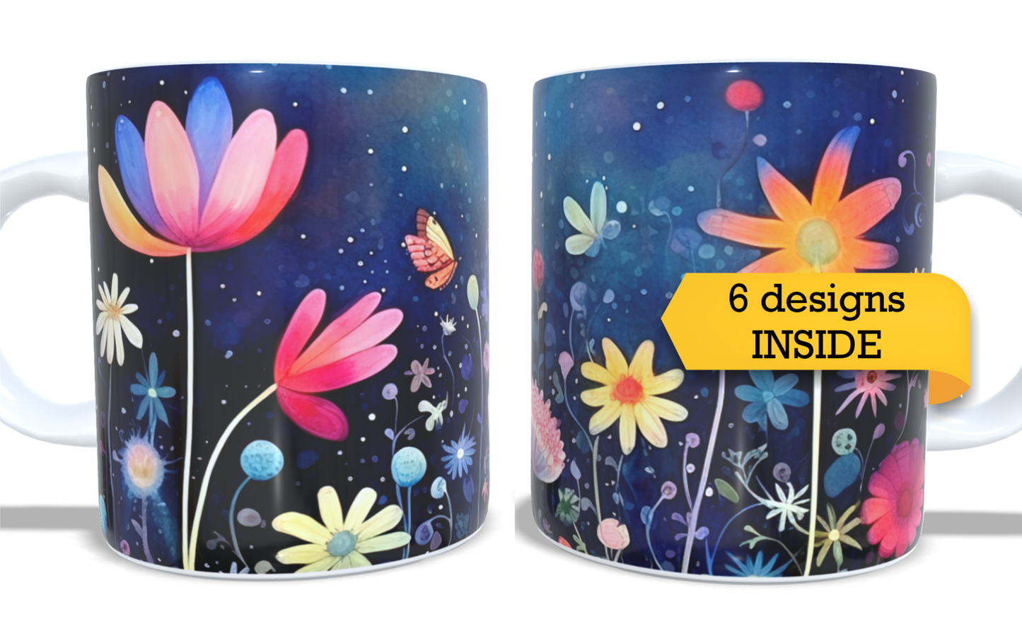 6Colourfull Coffee and Tea Mug. Coffee Cup. Tea Mug. Abstract coloured floral design and night sky. Full colour sublimated #126