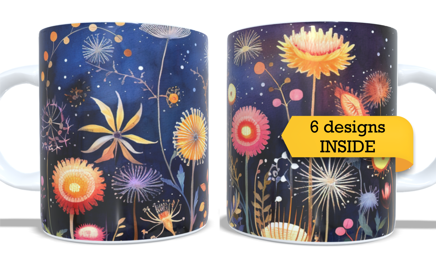 Colourfull Coffee and Tea Mug. Coffee Cup. Tea Mug. Night sky with abstract dandelions. Full colour sublimated #213