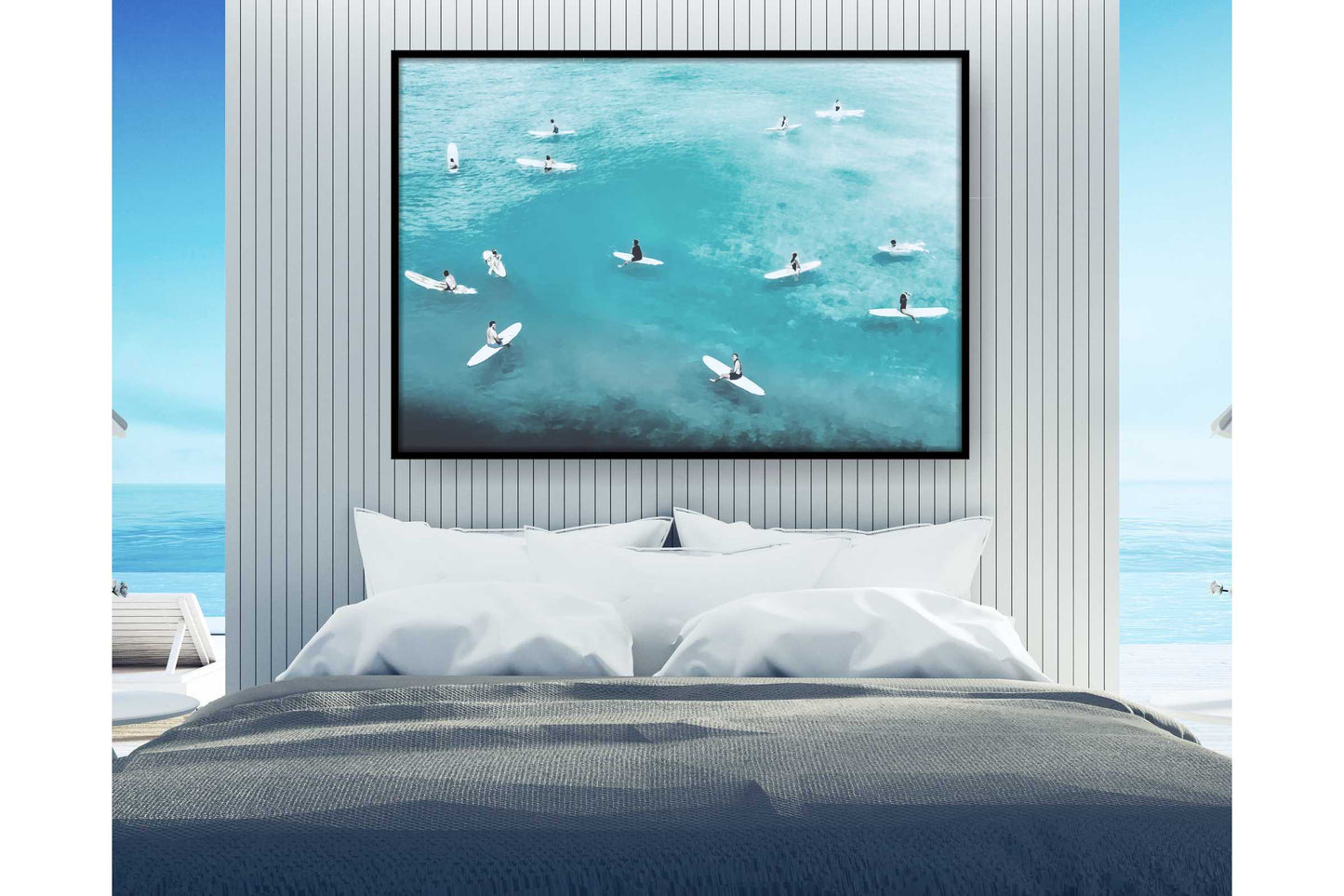 Beach Ocean Wall Art. Beach Prints. Artistic Watercolour surfers on the calm water. Ocean Prints. Size A4. #0096