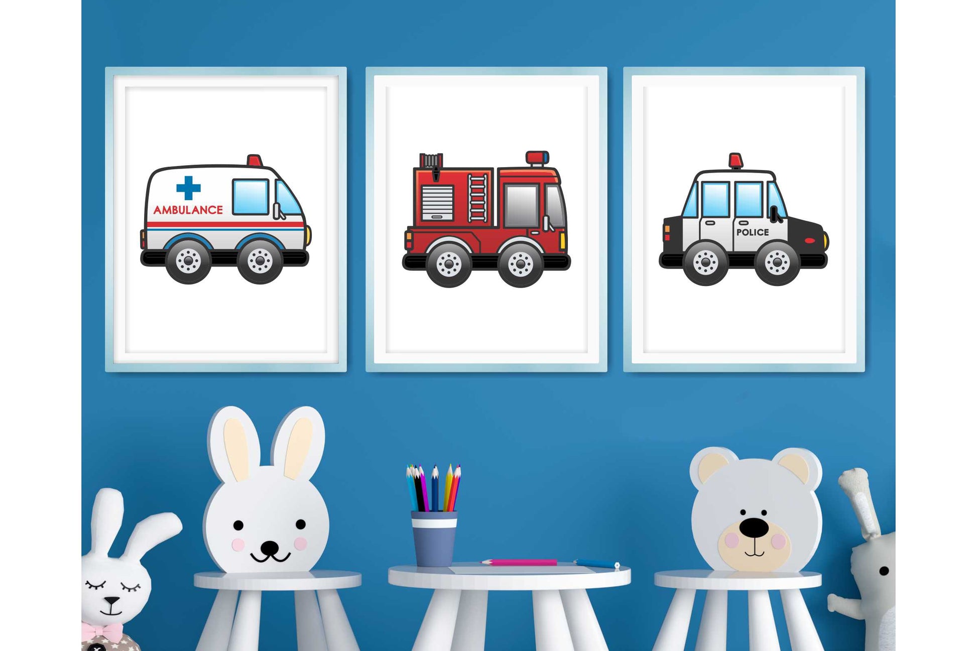 Wall Art Print for Boys Room. Cartoon emergency vehicles.