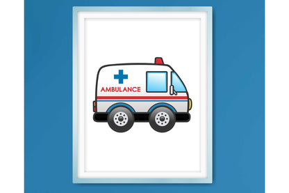 Wall Art Print for Boys Room. Cartoon emergency vehicles.