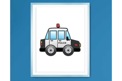 Wall Art Print for Boys Room. Cartoon emergency vehicles.