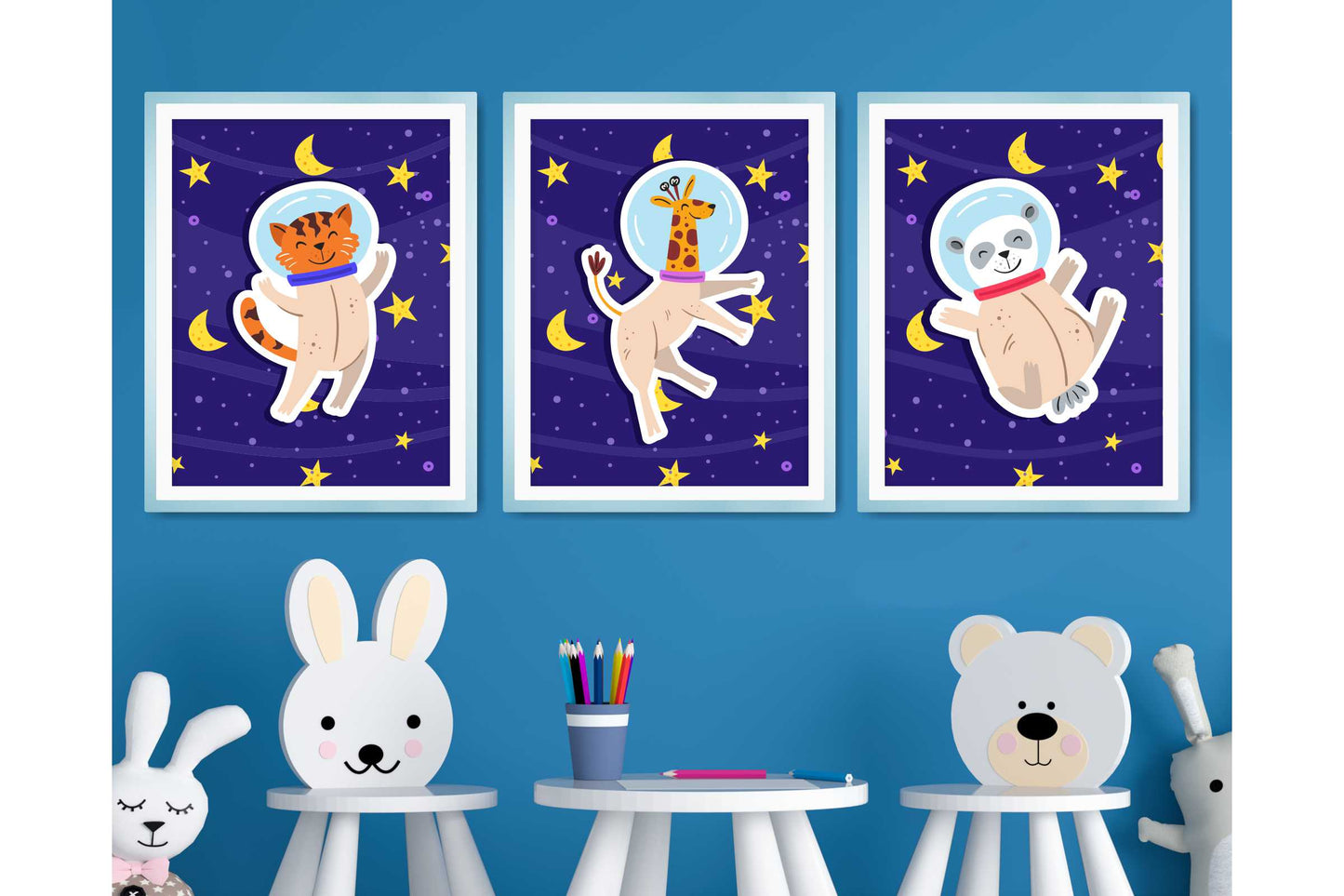 Wall Art Print for Boys Cartoon Animals in Space