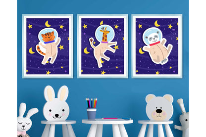 Wall Art Print for Boys Cartoon Animals in Space