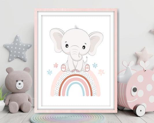 Wall Art Prints for Girls Room. Baby Elephant with Rainbow
