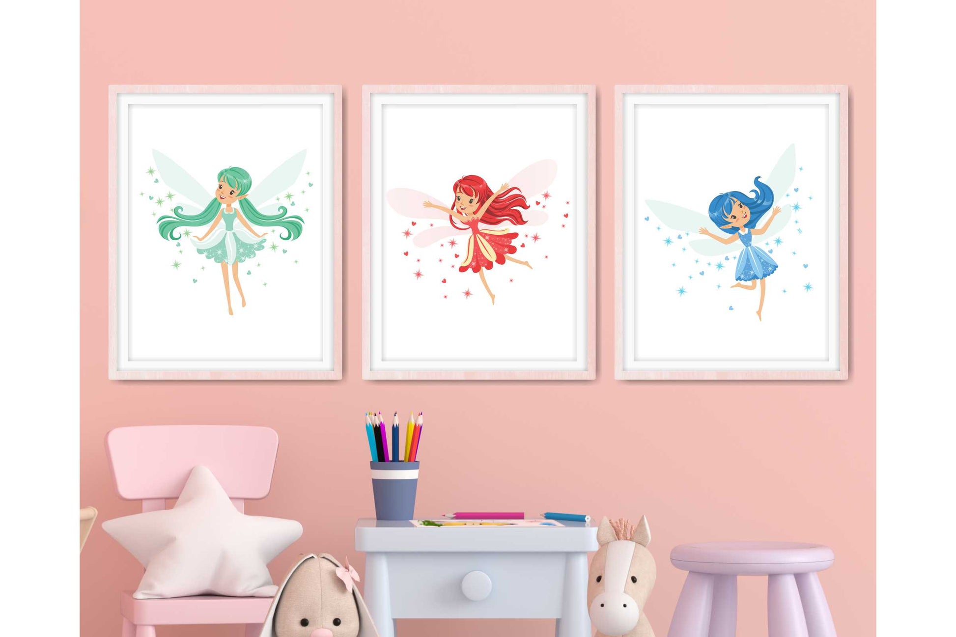 Wall Art Prints for Girls Room. Colourfull Fairy Drawings. 