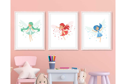 Wall Art Prints for Girls Room. Colourfull Fairy Drawings. 