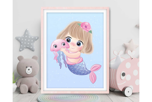 Wall Art Prints for Girls Room. Cute Baby Mermade with Jellyfish.