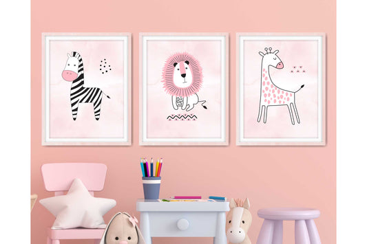 Products Wall Art Prints for Girls Room. Cartoon like drawings of Savanah Animals. Zebra. Lion. Giraffe.