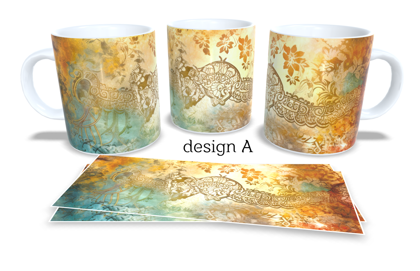 Colourfull Coffee and Tea Mug. Coffee Cup. Tea Mug. Golden watercolour floral and lace. Full colour sublimated #270