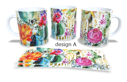 Colourfull Coffee and Tea Mug. Coffee Cup. Tea Mug. Watercolour floral design. Full colour sublimated #253