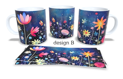 6Colourfull Coffee and Tea Mug. Coffee Cup. Tea Mug. Abstract coloured floral design and night sky. Full colour sublimated #126
