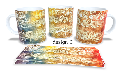 Colourfull Coffee and Tea Mug. Coffee Cup. Tea Mug. Golden watercolour floral and lace. Full colour sublimated #270