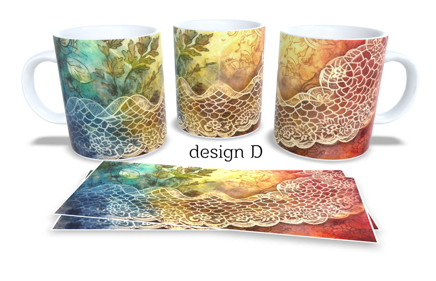Colourfull Coffee and Tea Mug. Coffee Cup. Tea Mug. Golden watercolour floral and lace. Full colour sublimated #270