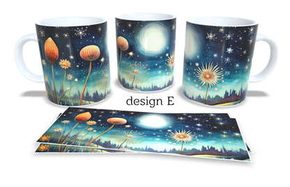 6Colourfull Coffee and Tea Mug. Coffee Cup. Tea Mug. Abstract coloured floral design and night sky. Full colour sublimated #126