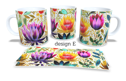 Colourfull Coffee and Tea Mug. Coffee Cup. Tea Mug. Watercolour floral design. Full colour sublimated #253