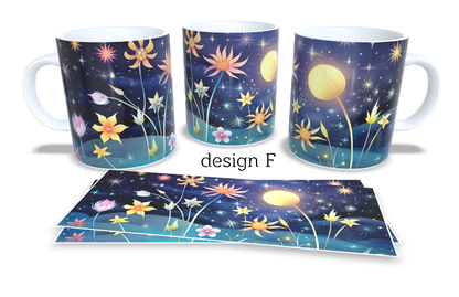 6Colourfull Coffee and Tea Mug. Coffee Cup. Tea Mug. Abstract coloured floral design and night sky. Full colour sublimated #126