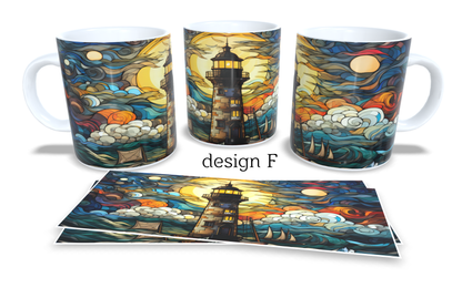 Colourfull Coffee and Tea Mug. Coffee Cup. Tea Mug. Stained-Glass-Lighthouse. Full colour sublimated #309
