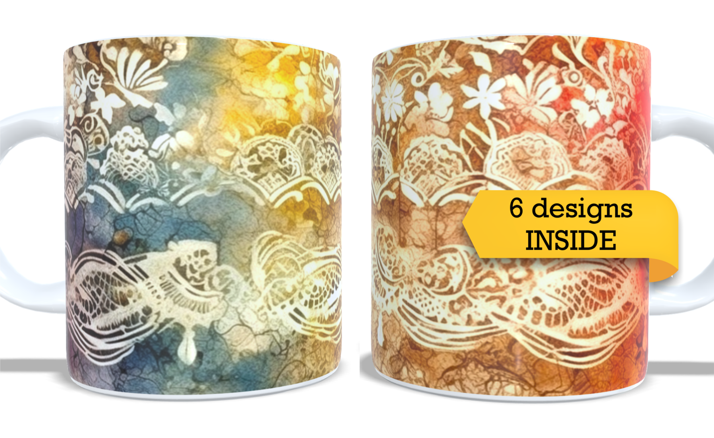 Colourfull Coffee and Tea Mug. Coffee Cup. Tea Mug. Golden watercolour floral and lace. Full colour sublimated #270